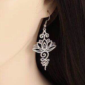 Lotus Unalome Stainless Steel Silvertone Hook Earrings - NEW